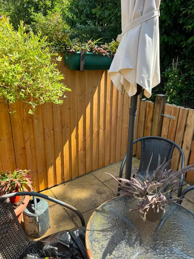 Featheredge fence in a cosy patio corner with plants